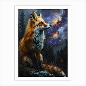 Fox In The Night Sky, Bichromatic, Surrealism, Impressionism Art Print