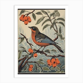 Vintage Bird Linocut European Robin 1 Art Print