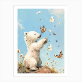 Polar Bear Cub Playing With Butterflies Storybook Illustration 4 Art Print