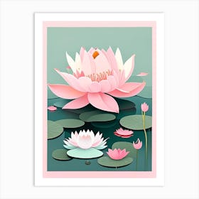 Blooming Lotus Flower In Lake Scandi Cartoon 1 Art Print