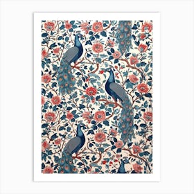 Peacock Floral Pattern Blue & Pink Art Print