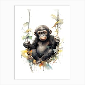 Baby Gorilla Art With Bananas Watercolour Nursery 4 Art Print