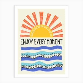 Enjoy Every Moment Colorful Folk Art Sun and Waves Illustration Art Print