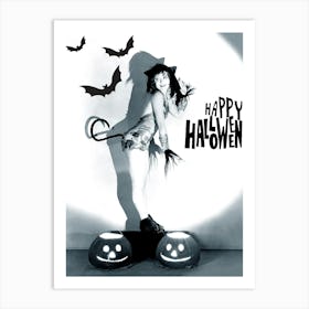 Sexy Pin Up Girl Posing With Bats And Pumpkins Art Print