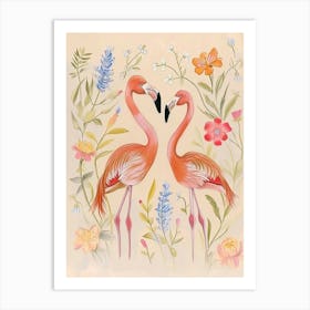 Folksy Floral Animal Drawing Flamingo 3 Art Print