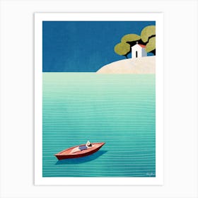Summer Dream, Girl Sunbathing on Boat, Modern Beach Travel Poster Art Print