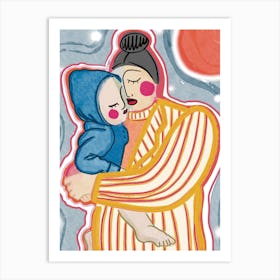 Mother With A Baby Child By A Sunset With Stars Art Print