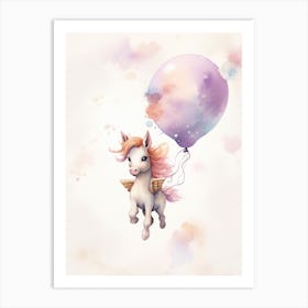 Baby Unicorn Flying With Ballons, Watercolour Nursery Art 2 Art Print