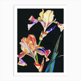 Neon Flowers On Black Iris 3 Art Print