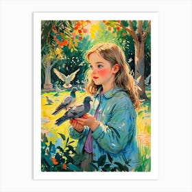 Little Girl With Pigeons Art Print