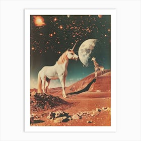 Unicorn & Giraffe In Space Retro Collage Art Print