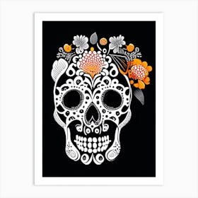 Skull With Floral Patterns 2 Orange Doodle Art Print