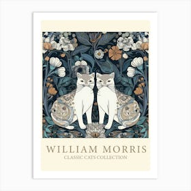 William Morris  Inspired  Classic Cats White Cats Blue Art Print
