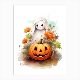 Cute Ghost With Pumpkins Halloween Watercolour 62 Art Print