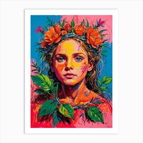 Girl With Flowers On Her Head Art Print