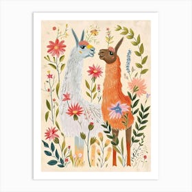 Folksy Floral Animal Drawing Llama 4 Art Print