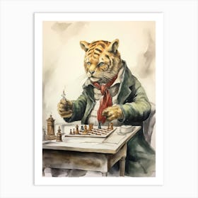 Tiger Illustration Playing Chess Watercolour 2 Art Print