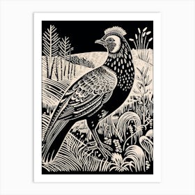 B&W Bird Linocut Pheasant 8 Art Print