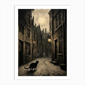 Black Cat Roaming A Smoky Medieval Street Art Print