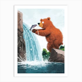 Brown Bear Catching Fish In A Waterfall Storybook Illustration 3 Art Print