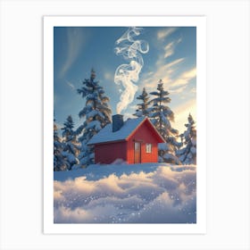 Red House In The Snow 1 Art Print