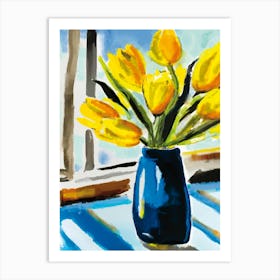 Yellow Tulips in Blue Vase Art Print