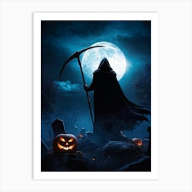 Sinister Reaper Silhouetted Against A Full Moon On Halloween Night Draped In A Tattered Black Cloak (4) Art Print