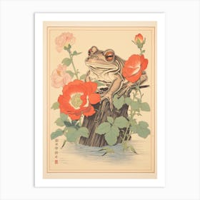 Frog And Flowers, Matsumoto Hoji Inspired Japanese Woodblock 4 Art Print