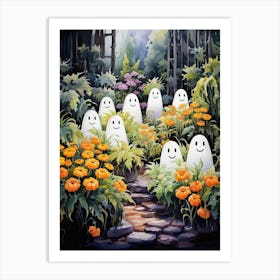 Cute Bedsheet Ghost, Botanical Halloween Watercolour 91 Art Print