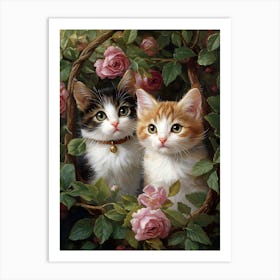 Two Kittens In Roses Art Print