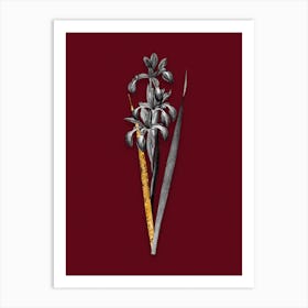 Vintage Blue Iris Black and White Gold Leaf Floral Art on Burgundy Red n.0977 Art Print