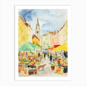 Food Market With Cats In Vienna 1 Watercolour Art Print