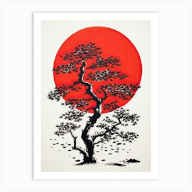 Bonsai Tree and Red Moon Japan Poster Art Print