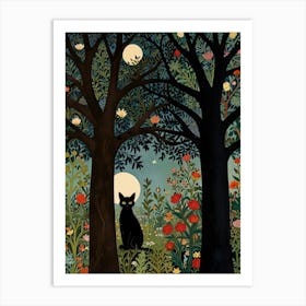 Cat In The Moonlight Style William Morris 11 Art Print