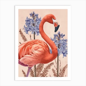 American Flamingo And Agapanthus Minimalist Illustration 1 Art Print