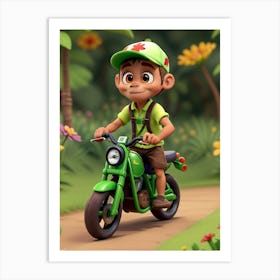 Kid On A Green Bike 2 Art Print