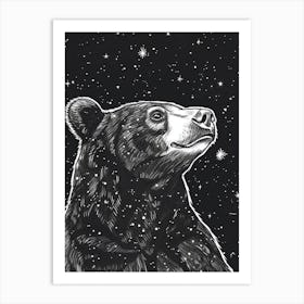 Malayan Sun Bear Looking At A Starry Sky Ink Illustration 6 Art Print