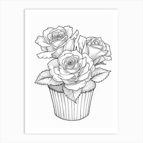Rose In A Cupcake Line Drawing 1 Art Print