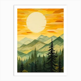 Green Sun Forest Mountain Painting Triptych 2 Art Print