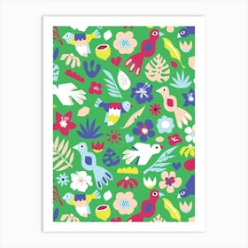 Paper Cut Out Collage Exotic Birds, Fruit, and Flowers - Green Blue Magenta Yellow Art Print