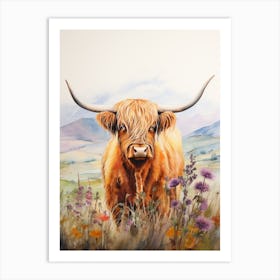 Watercolour Portrait Of Highland Cow In Watercolour Field Art Print