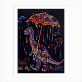 Neon Dinosaur With Umbrella In The Rain 1 Art Print