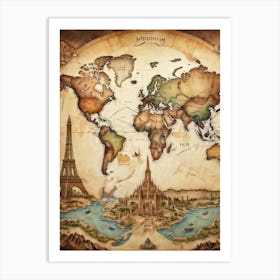 A World Map Visualizing An International Journey Pinpointing Iconic Historical Landmarks Across Var (5) Art Print