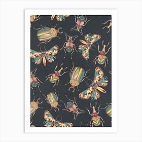 Floral Doodle Bug Butterfly pattern on black Art Print