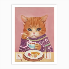 Brown Cat Having Breakfast Folk Illustration 3 Art Print