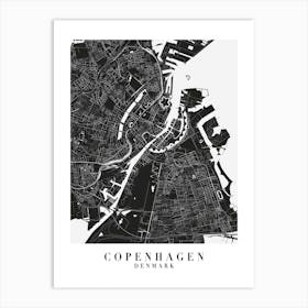 Copenhagen Denmarl Minimal Black Mono Street Map  Art Print