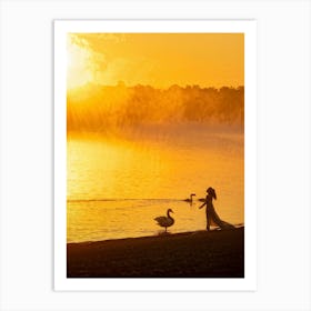 Beach At Sunrise Silhouetted Figure Meditating By The Shore Warm Glow Of Morning Light Reflecting (1) Art Print