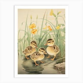 Ducklings In The Flowers Japanese Woodblock Style 1 Art Print