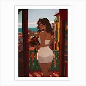 Woman Girl with Flowers, White Dress, Balcony Art Print