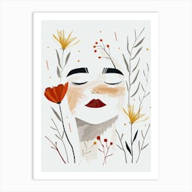 Woman's Face With Flowers, Boho, Minimalism Art Print